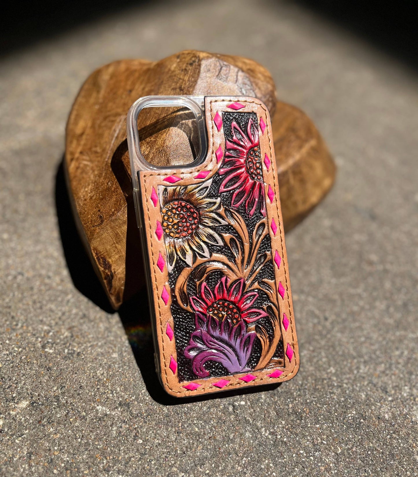 Pink Floral Tooled Leather Phone Case: 15 Pro Max