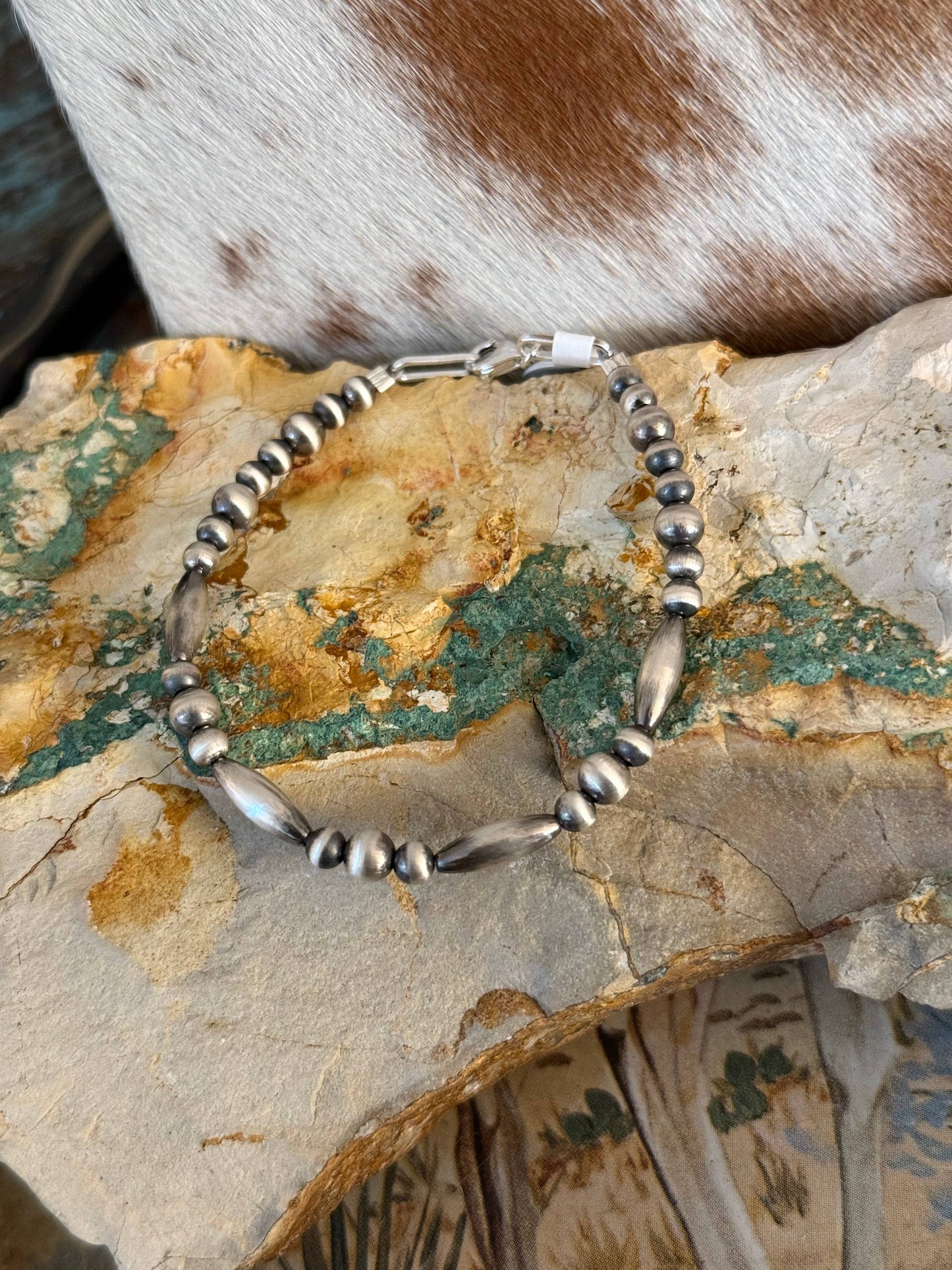 #208- Sterling Pearl Torpedo Bead Bracelet: Stretch