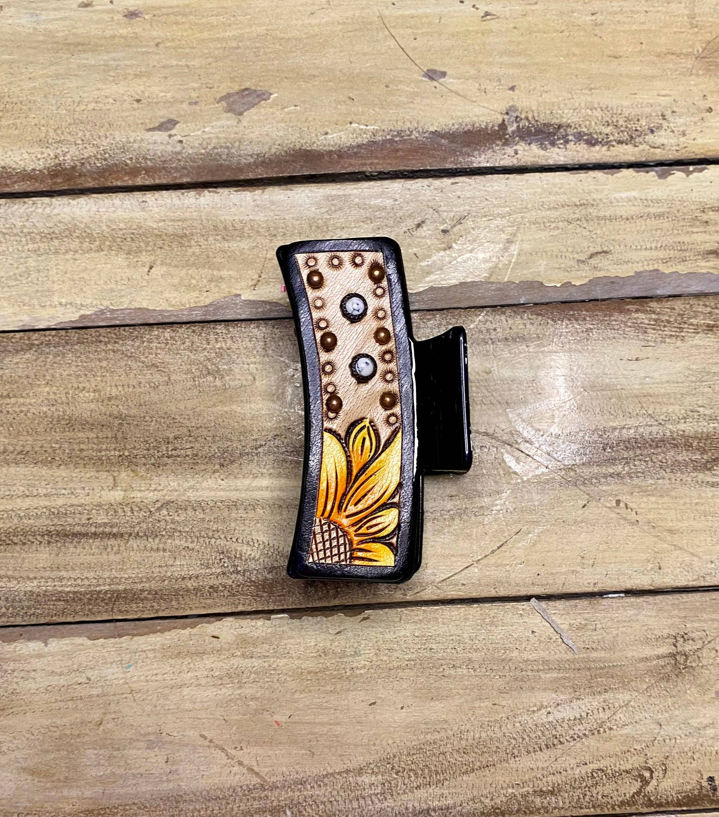 Large 4" Tooled Hair Clip: Tooled Flower Brown