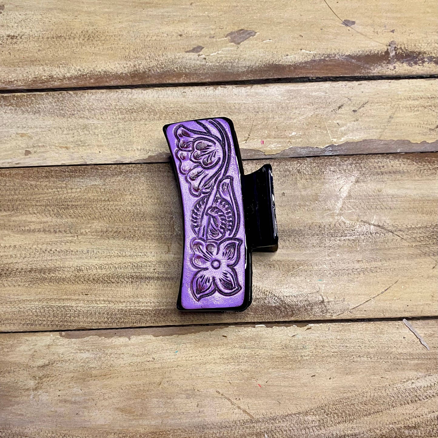 Large 4" Tooled Hair Clip: Tooled Flower Brown