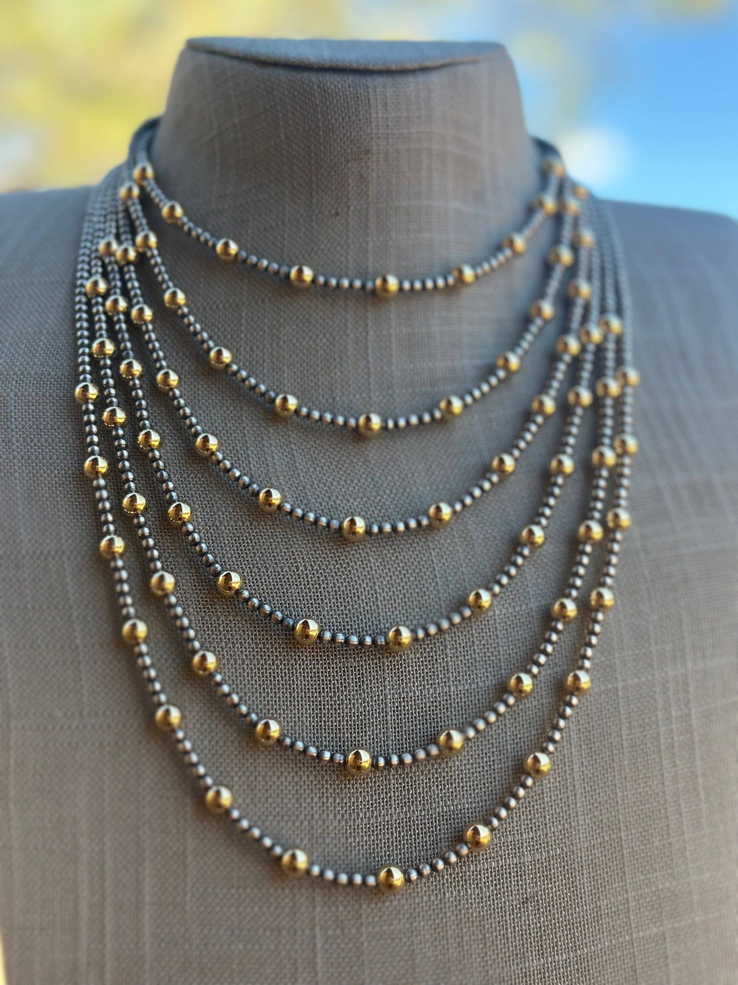 Navajo Sterling Silver & Gold Beaded Necklace: 18 inch
