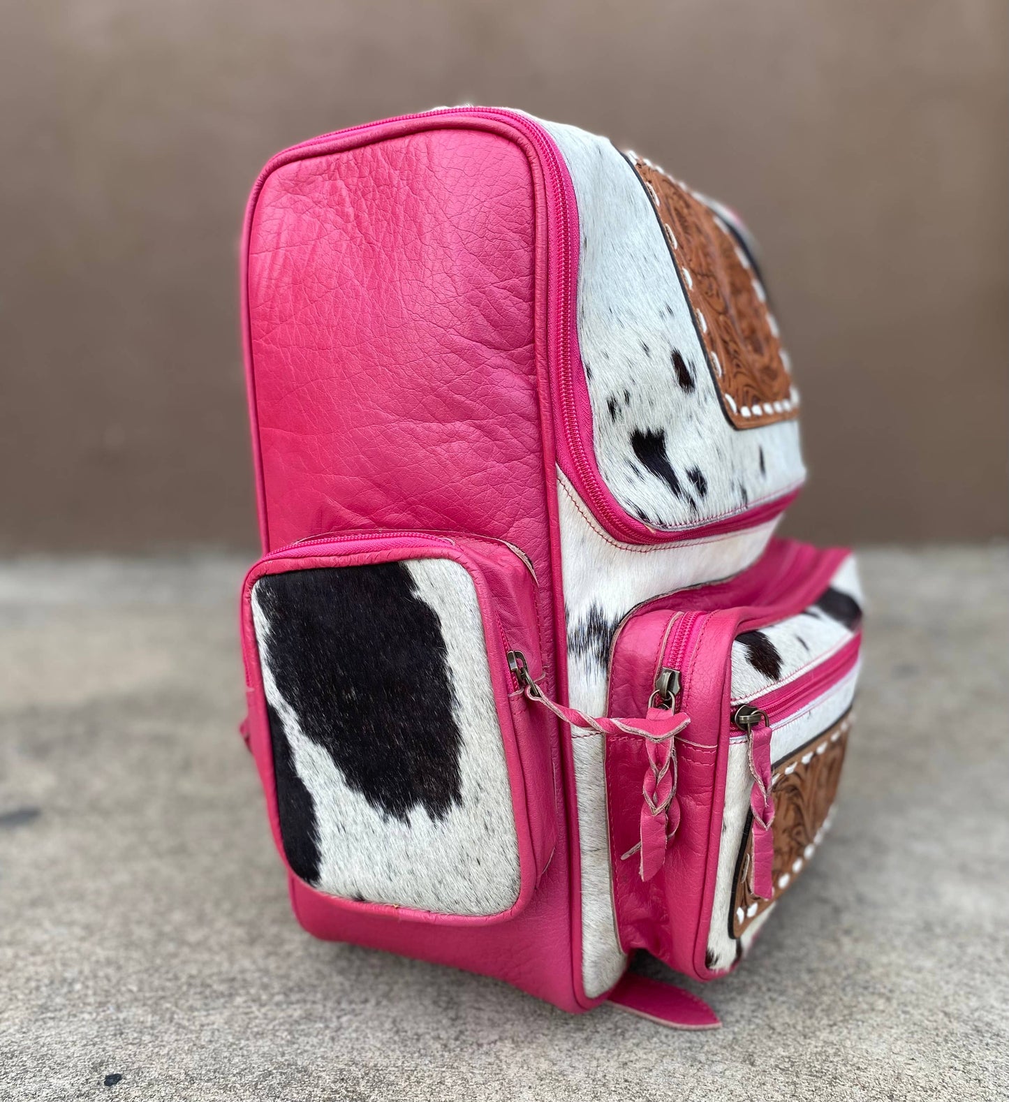 Hot Pink Leather Tooled Cowhide Backpack