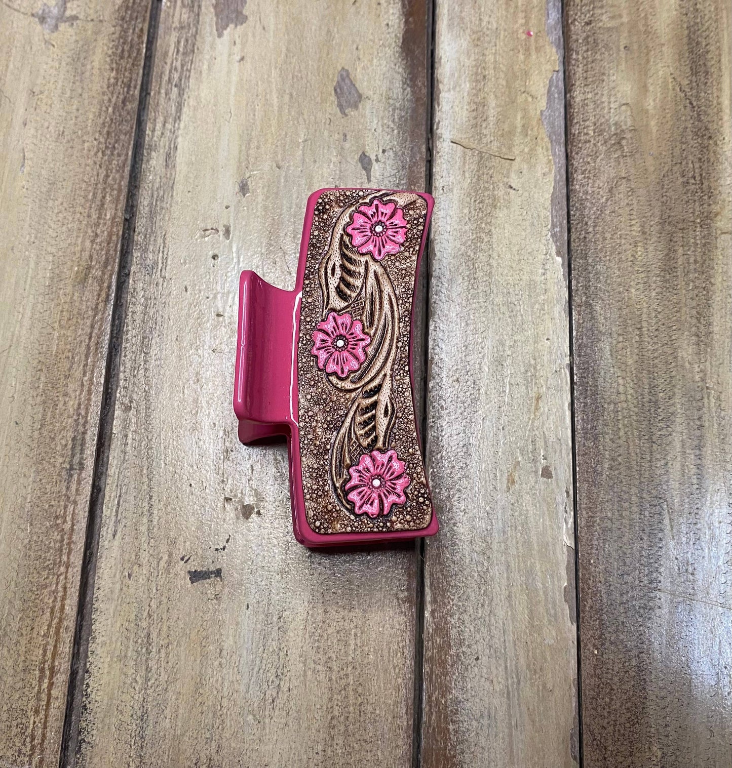 Large 4" Tooled Hair Clip: Tooled Flower Brown