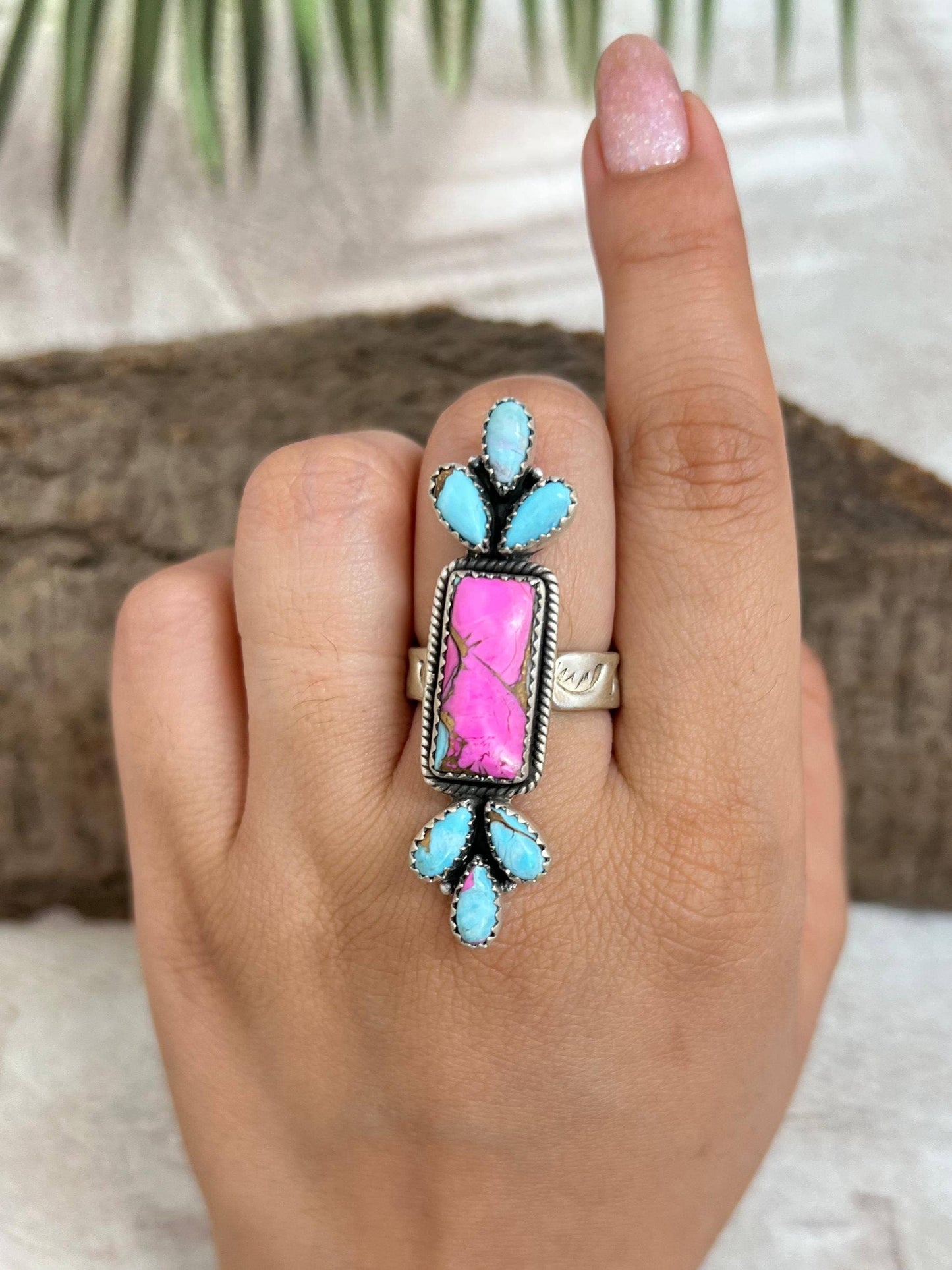 Handmade Sterling Silver Cotton Candy Turquoise Adjustable Ring with Signed Nizhoni: Adjustable / Cotton Candy Turquoise
