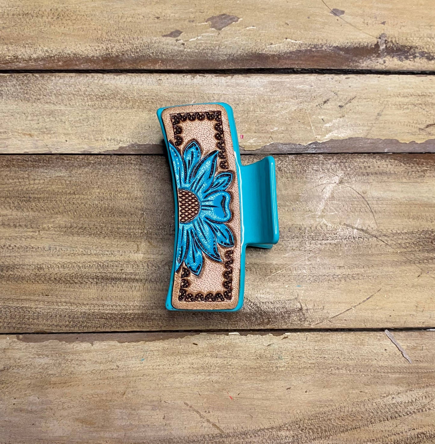 Large 4" Tooled Hair Clip: Tooled Flower Brown