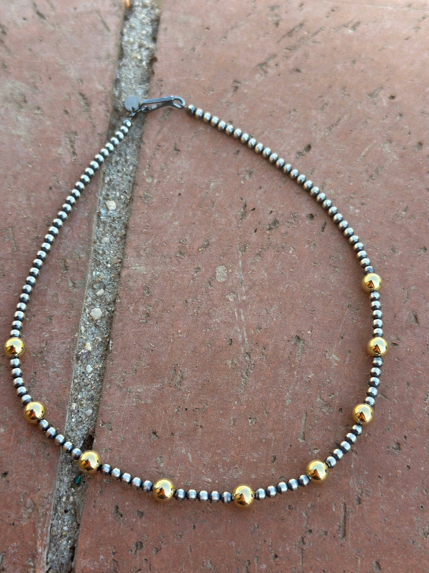 Navajo Sterling Silver & Gold Beaded Necklace: 18 inch