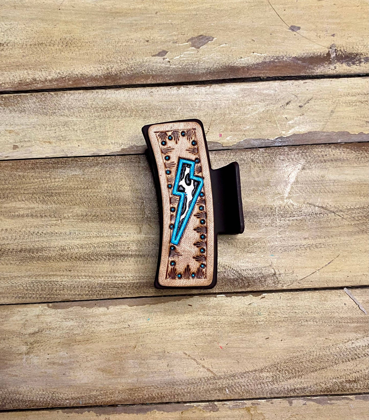 Large 4" Tooled Hair Clip: Tooled Flower Brown