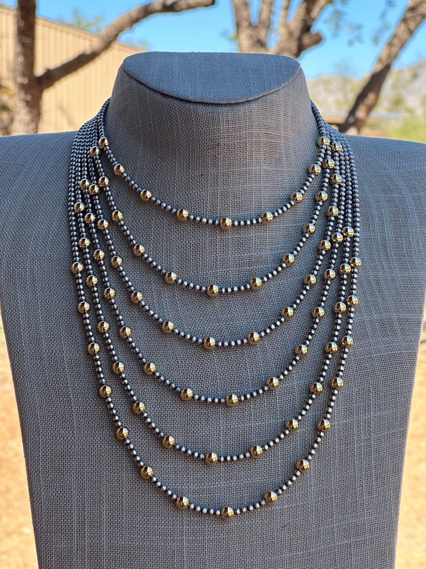Navajo Sterling Silver & Gold Beaded Necklace 4mm - 5mm: 22 inch