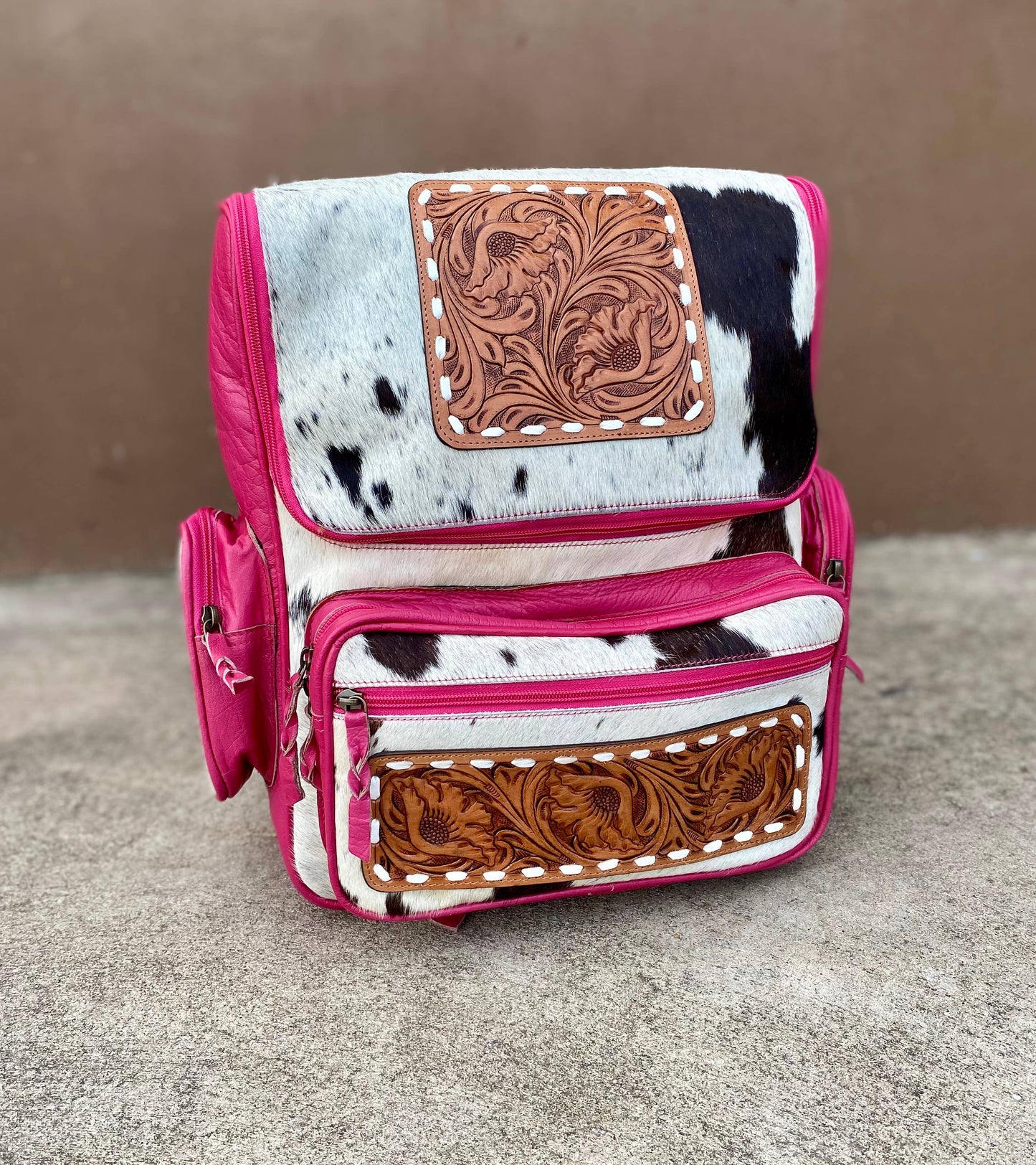 Hot Pink Leather Tooled Cowhide Backpack