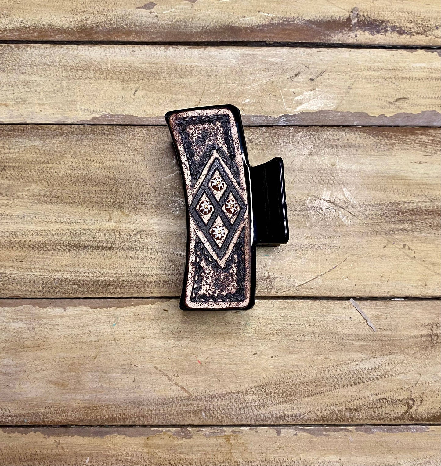Large 4" Tooled Hair Clip: Tooled Flower Brown