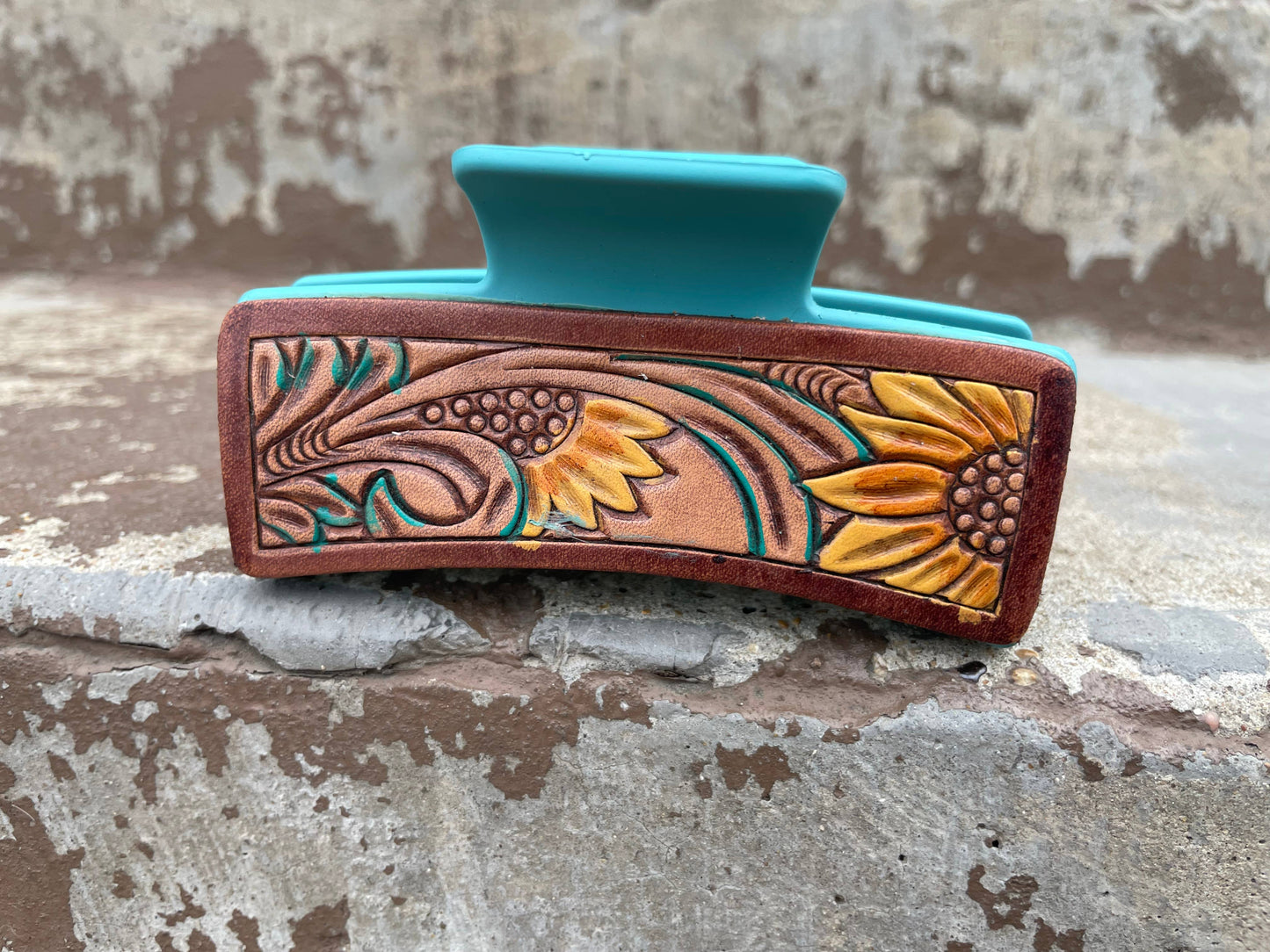 Floral Tooled leather Hair Claw Clips 4"