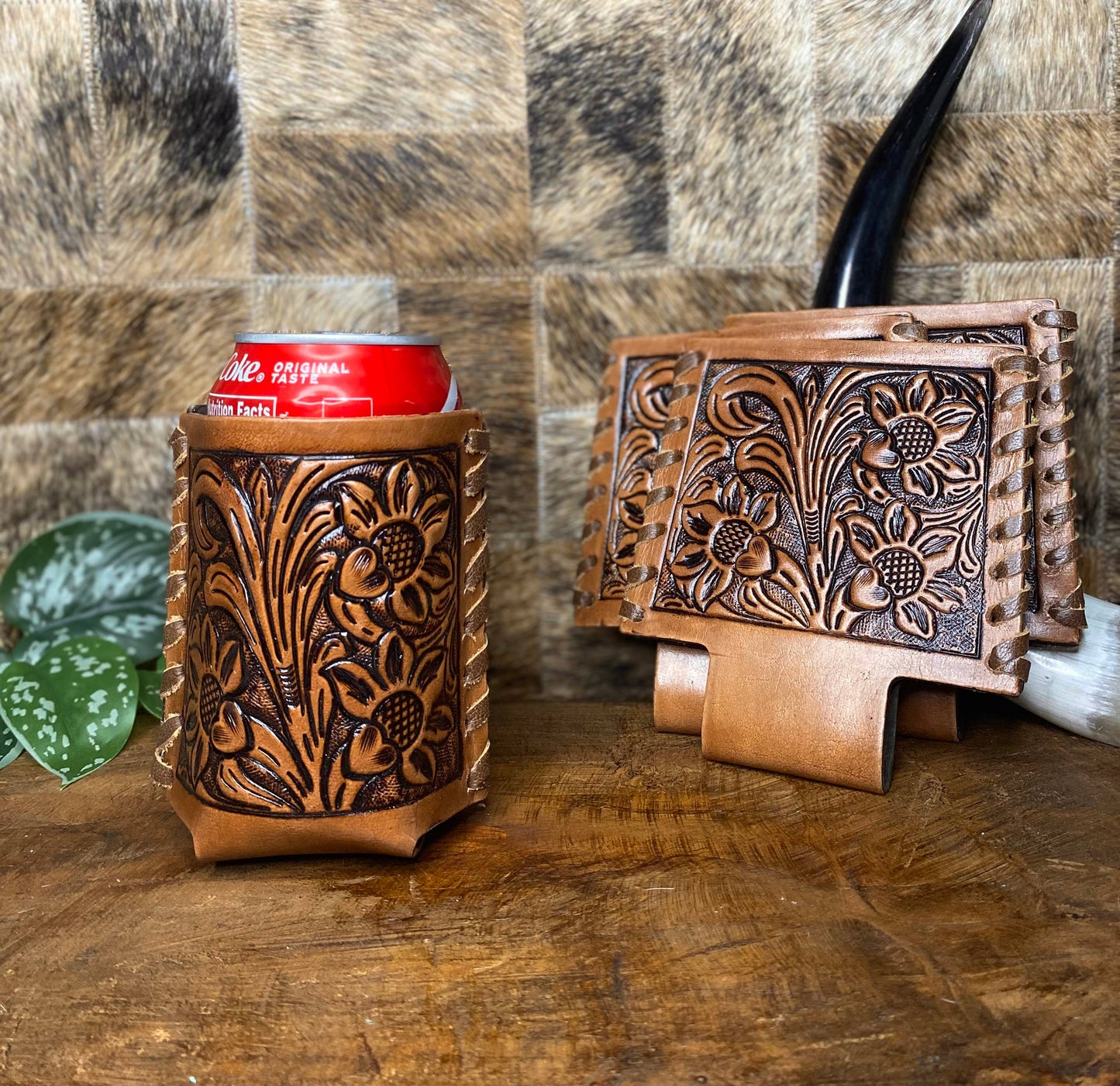Brown Tooled Floral Koozie