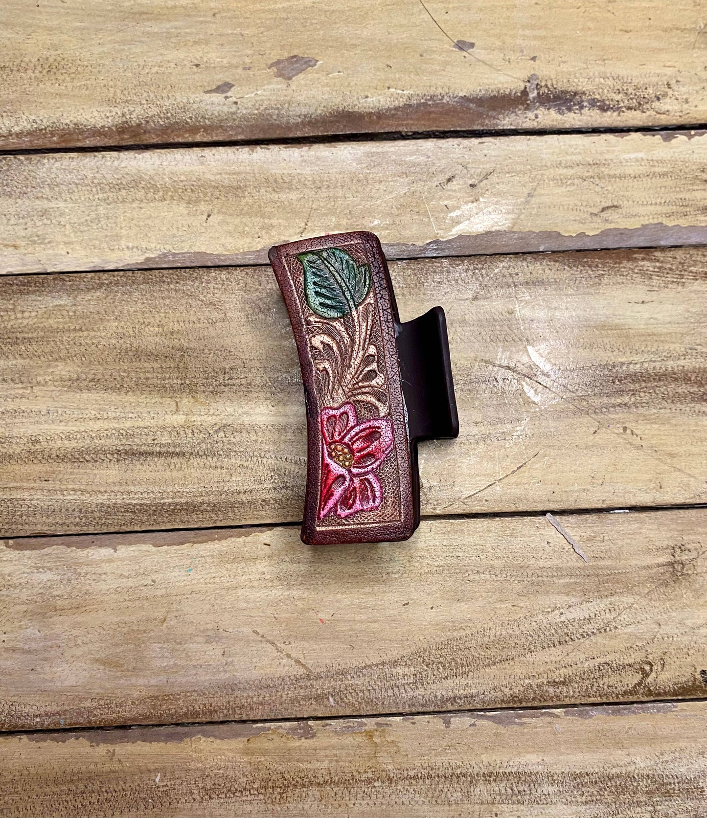 Large 4" Tooled Hair Clip: Tooled Flower Brown