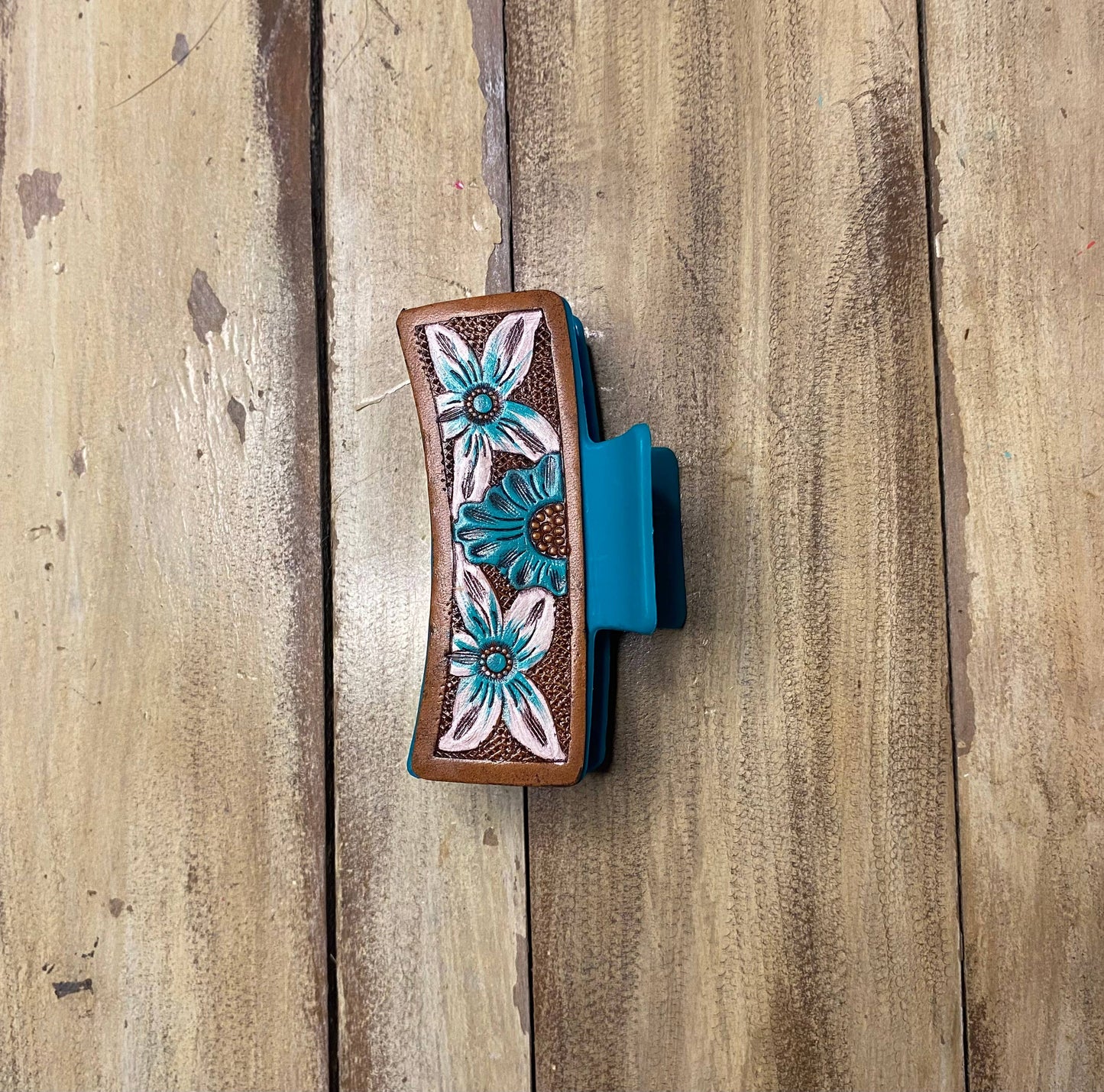 Large 4" Tooled Hair Clip: Tooled Flower Brown