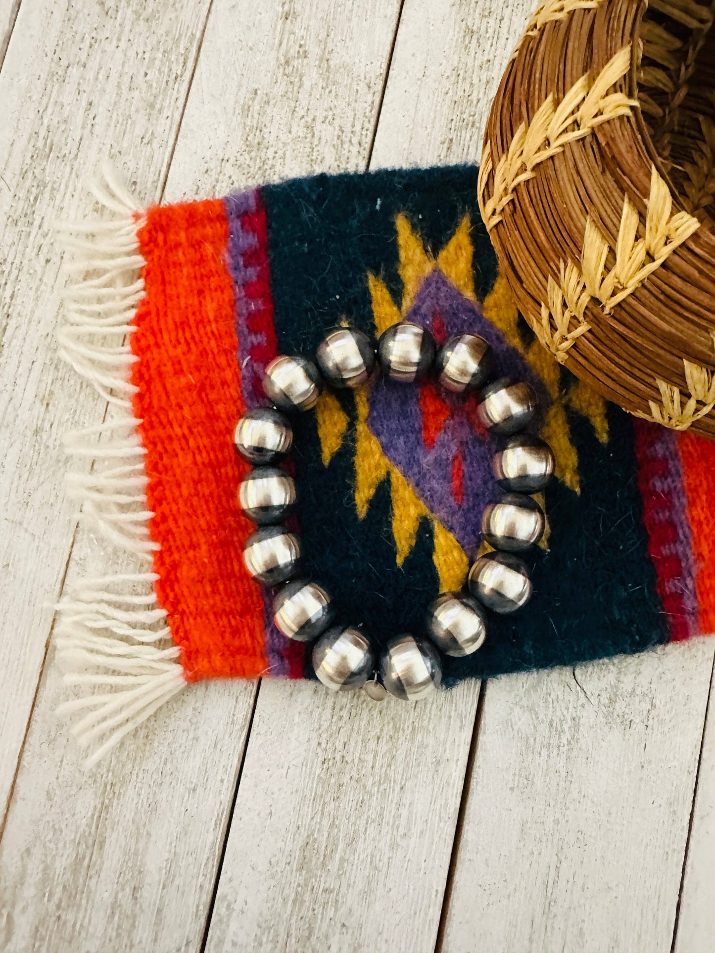Navajo 14mm Sterling Silver Beaded Stretch Bracelet: Beaded