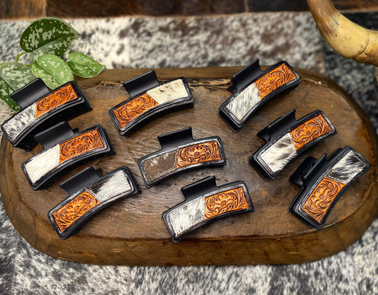 Black 4" Hand Tooled Cowhide Floral Hair Claw-clip