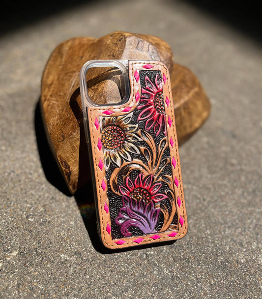 Pink Floral Tooled Leather Phone Case: 15 Pro Max