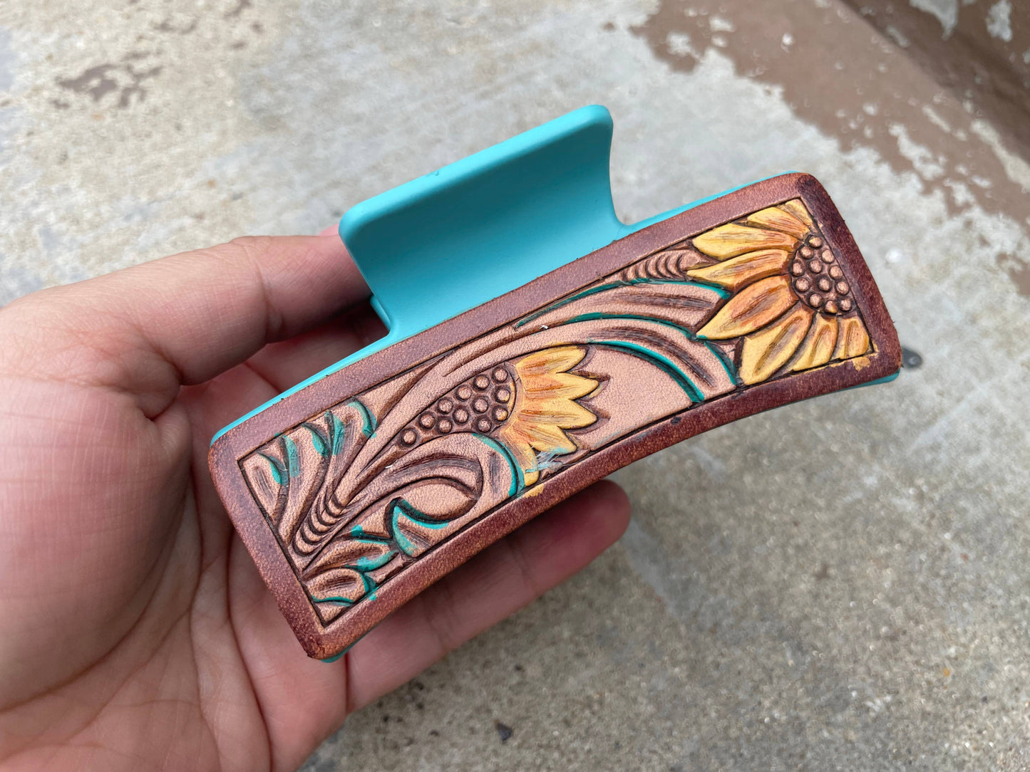 Floral Tooled leather Hair Claw Clips 4"