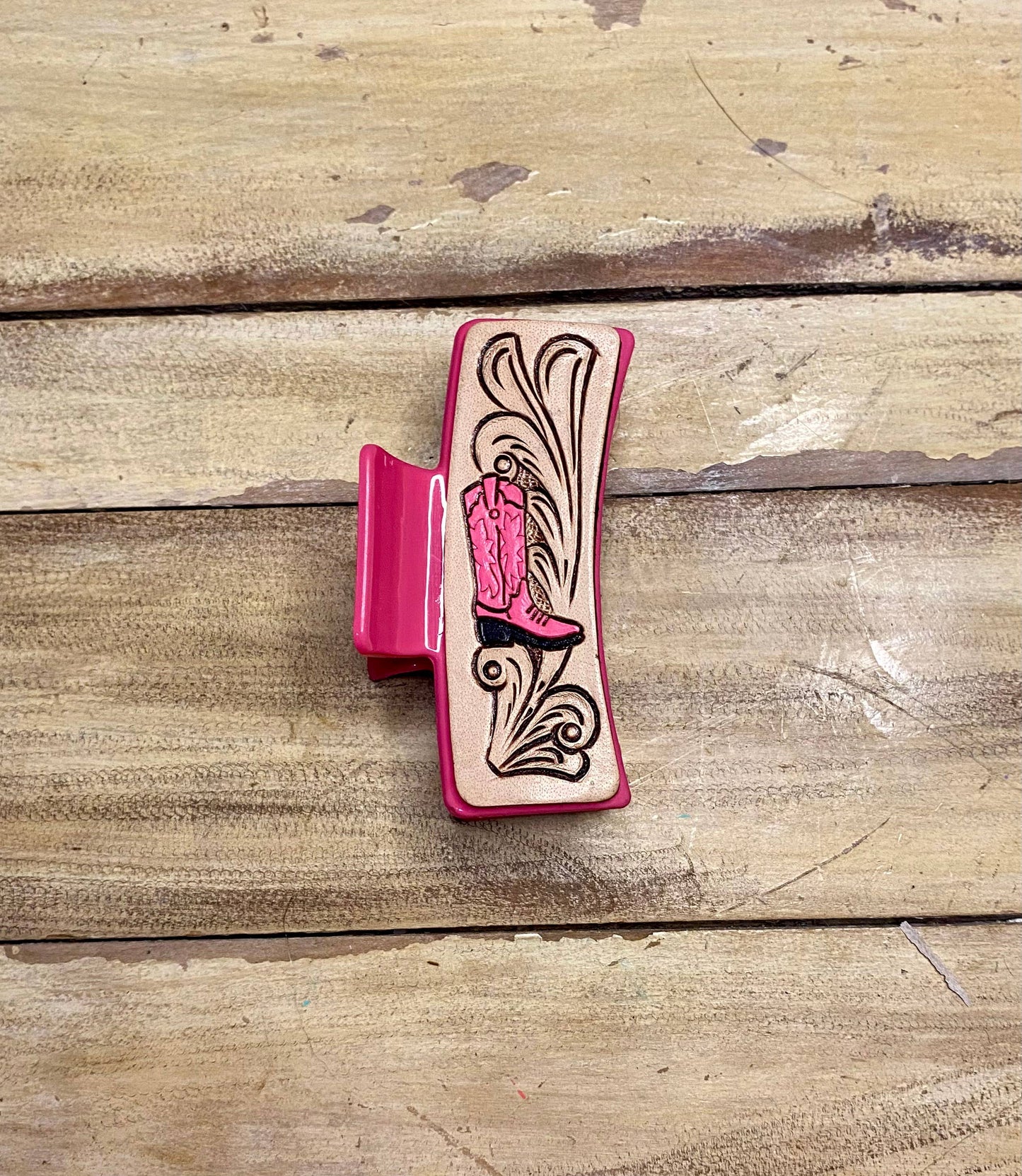 Large 4" Tooled Hair Clip: Tooled Flower Brown