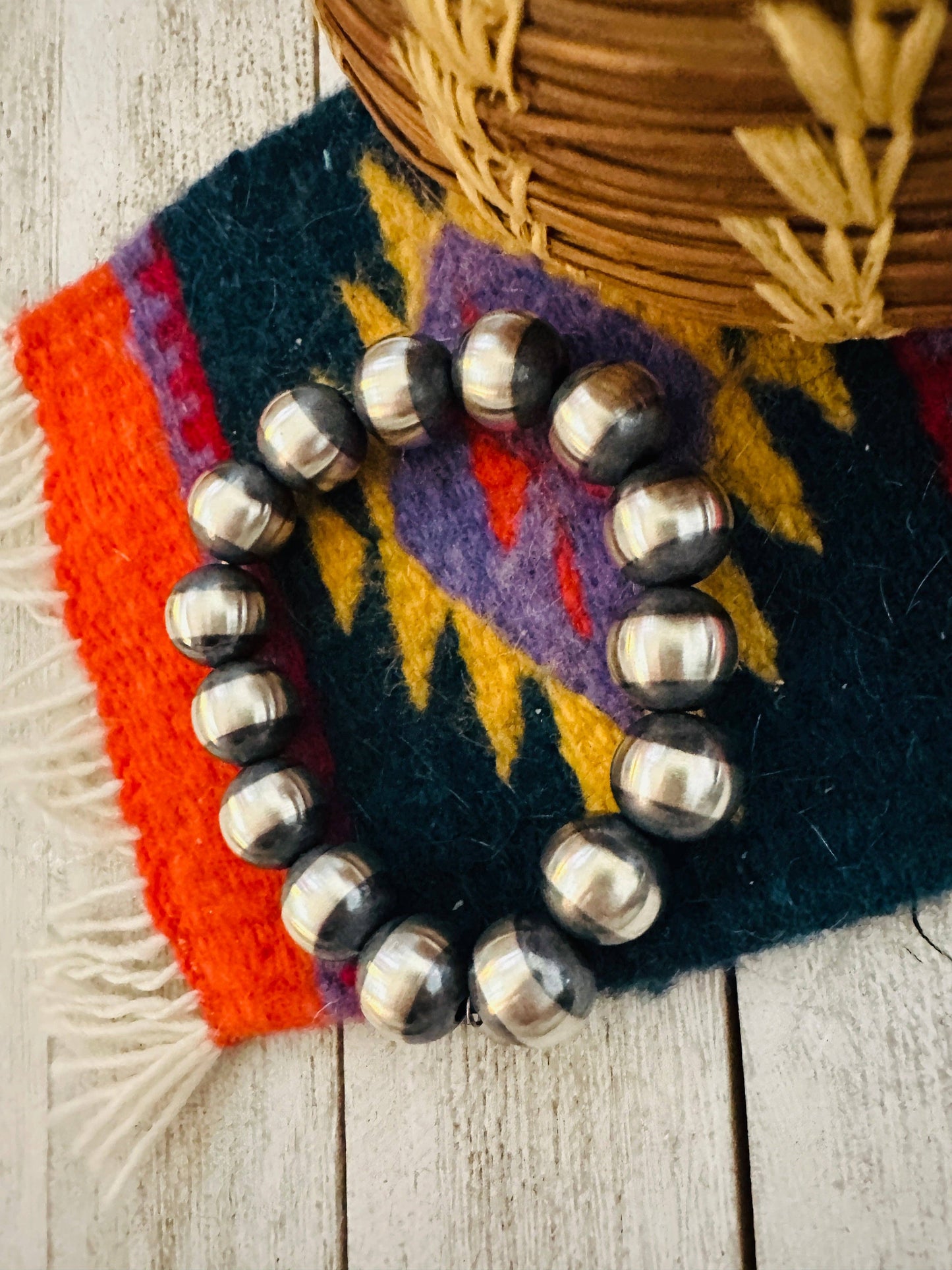 Navajo 14mm Sterling Silver Beaded Stretch Bracelet: Beaded