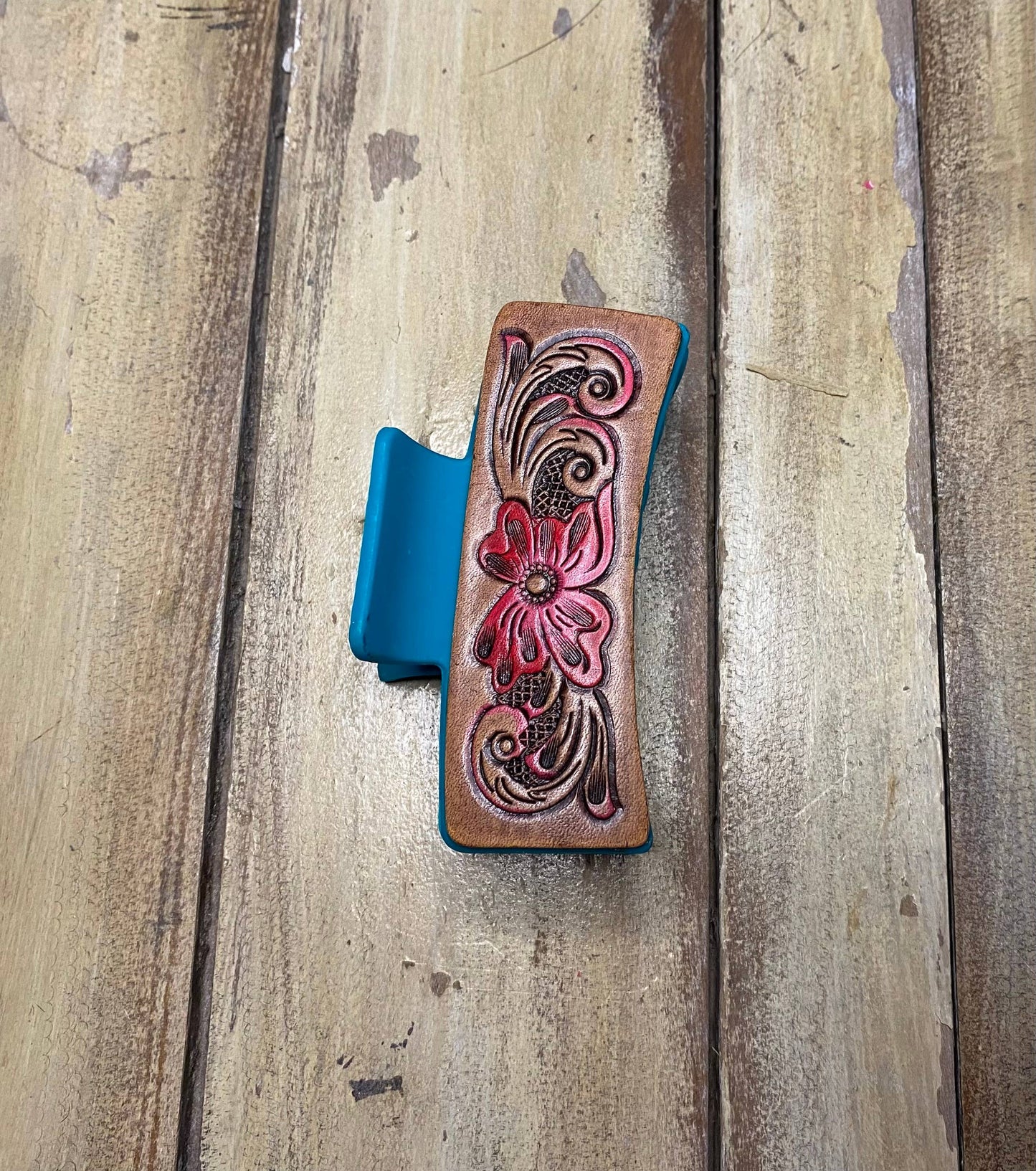 Large 4" Tooled Hair Clip: Tooled Flower Brown