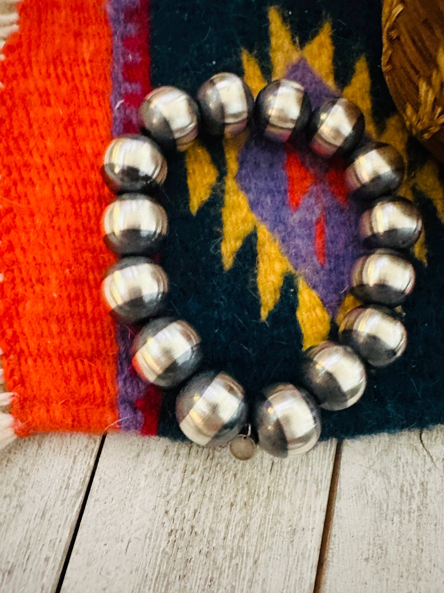 Navajo 14mm Sterling Silver Beaded Stretch Bracelet: Beaded