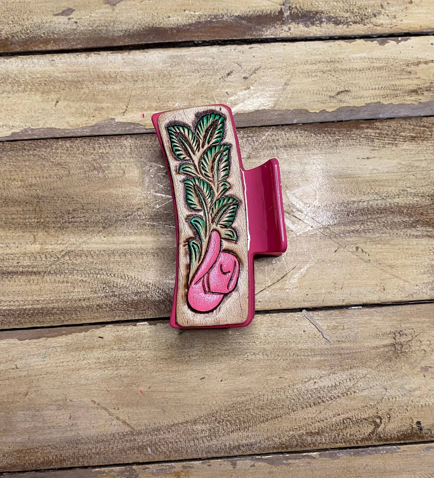 Large 4" Tooled Hair Clip: Tooled Flower Brown