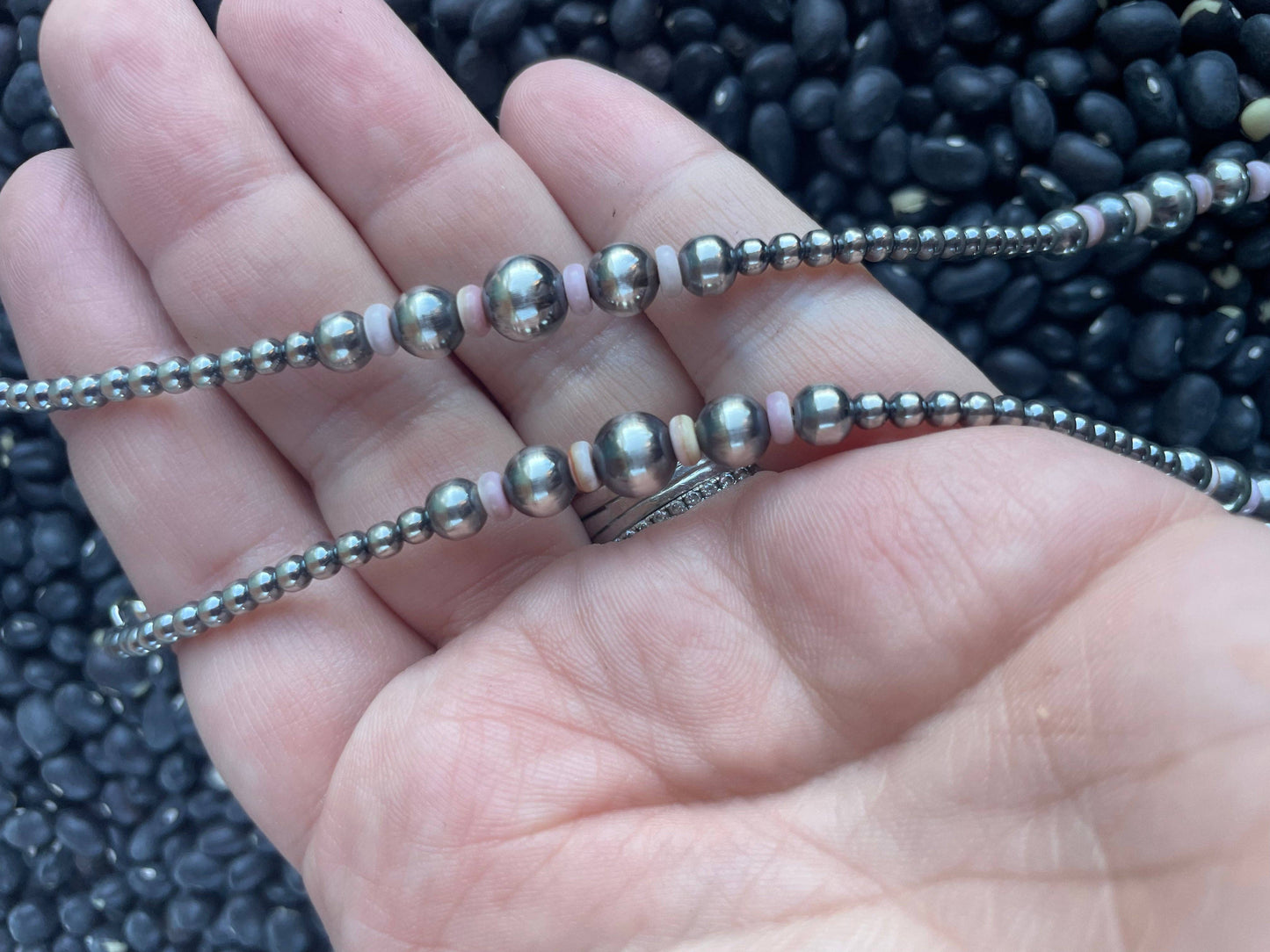 Navajo Pink Conch & Sterling Silver Beaded Necklace 18”: Pink Conch / Beaded