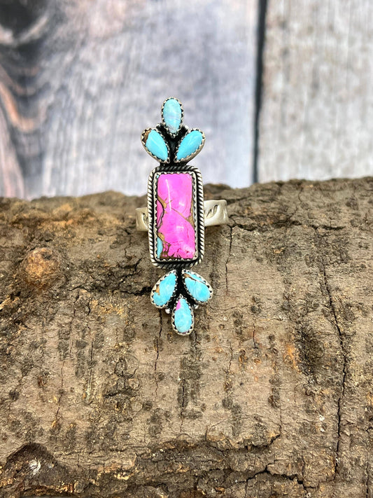 Handmade Sterling Silver Cotton Candy Turquoise Adjustable Ring with Signed Nizhoni: Adjustable / Cotton Candy Turquoise