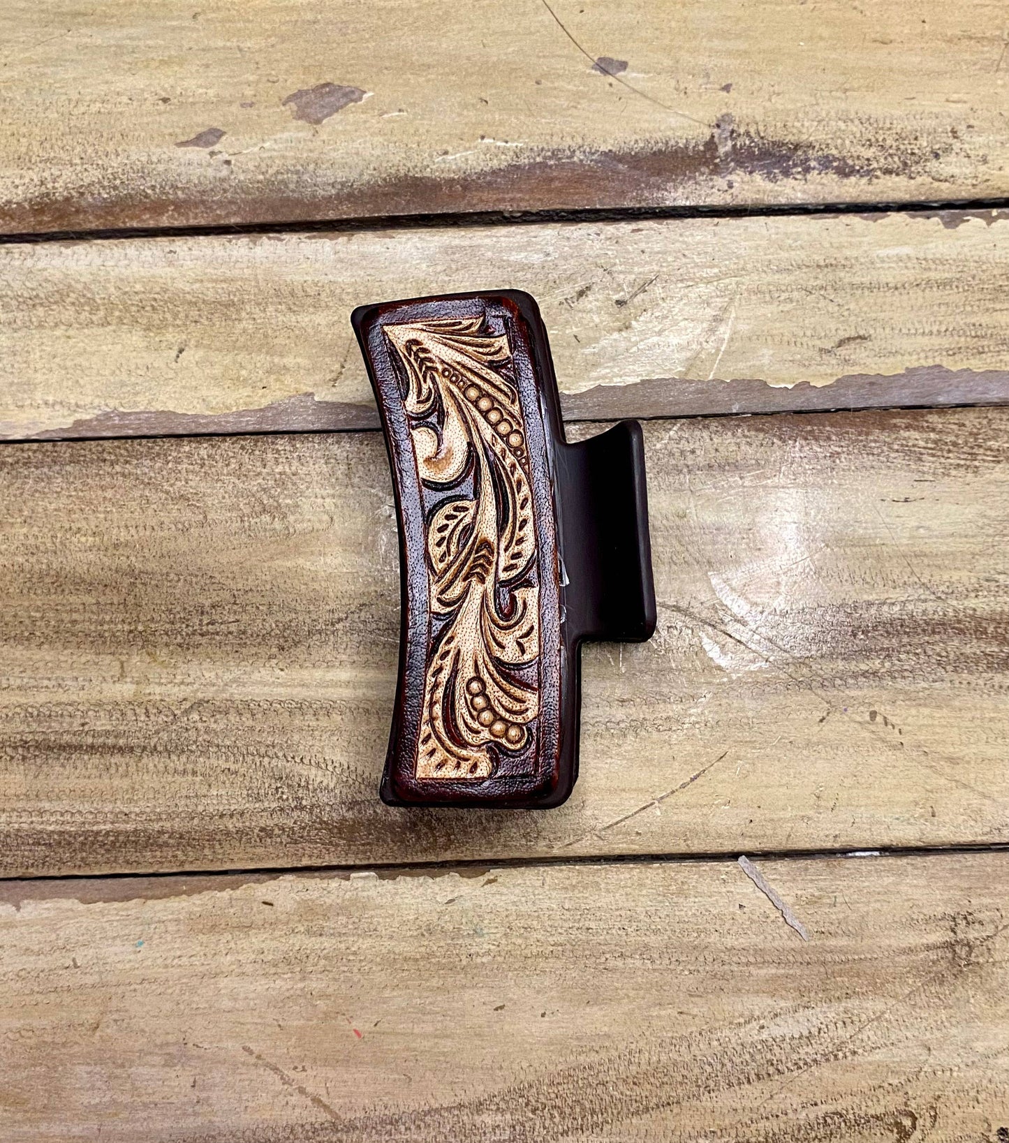 Large 4" Tooled Hair Clip: Tooled Flower Brown
