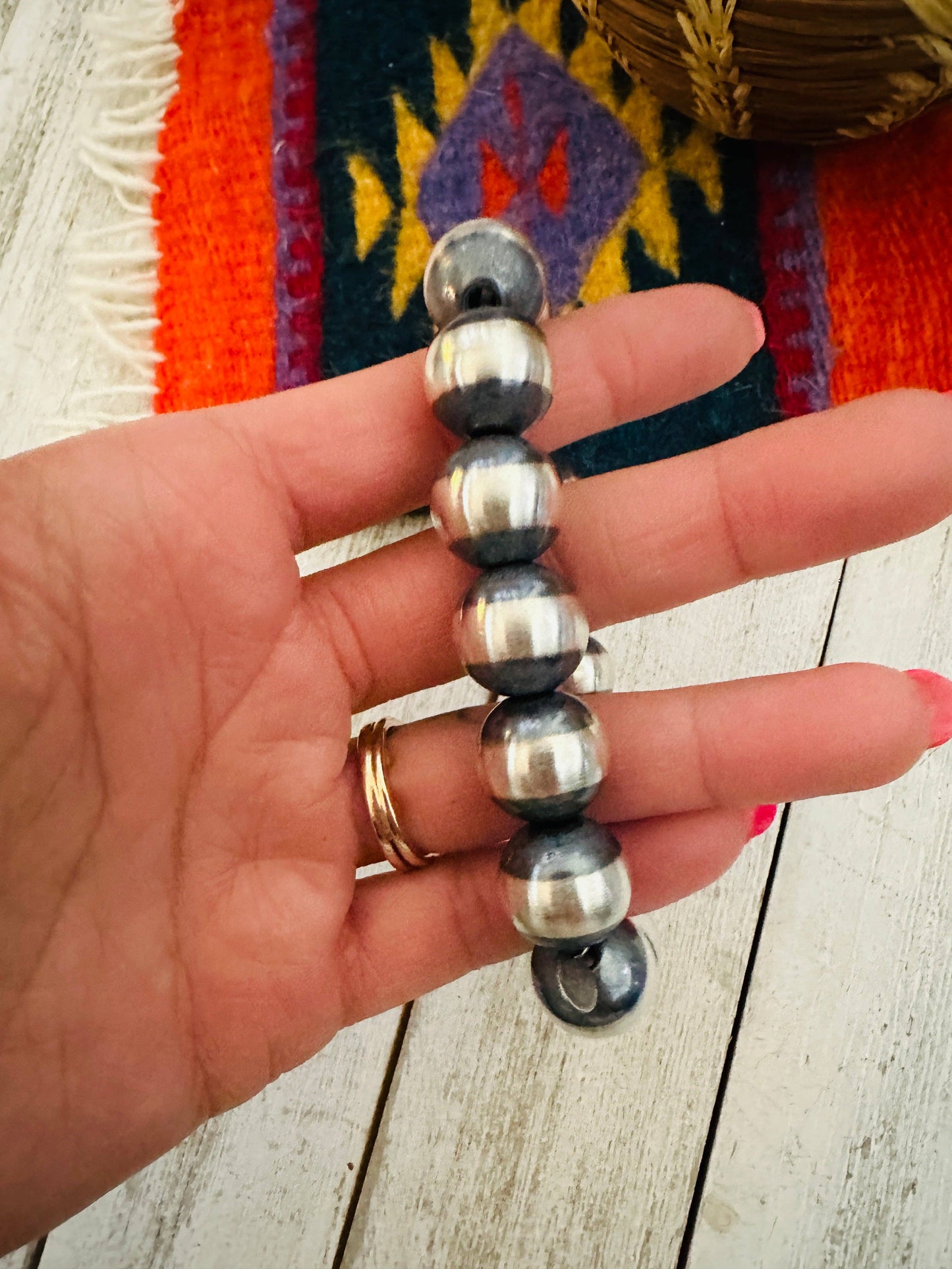 Navajo 14mm Sterling Silver Beaded Stretch Bracelet: Beaded
