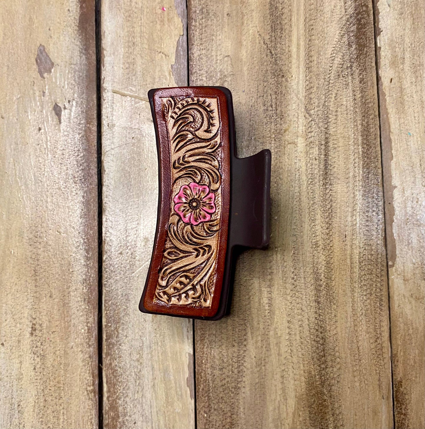 Large 4" Tooled Hair Clip: Tooled Flower Brown