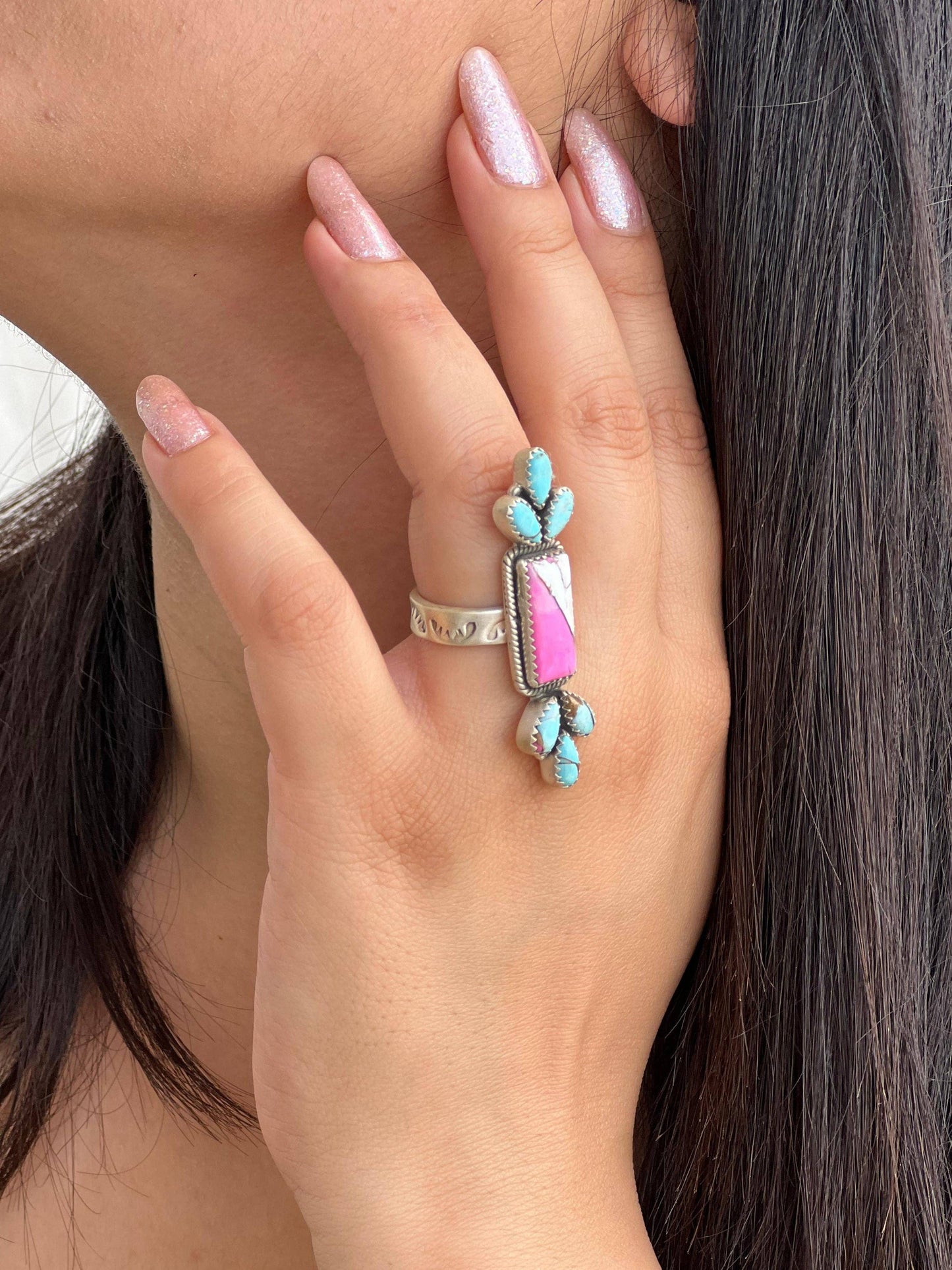 Handmade Sterling Silver Cotton Candy Turquoise Adjustable Ring with Signed Nizhoni: Adjustable / Cotton Candy Turquoise