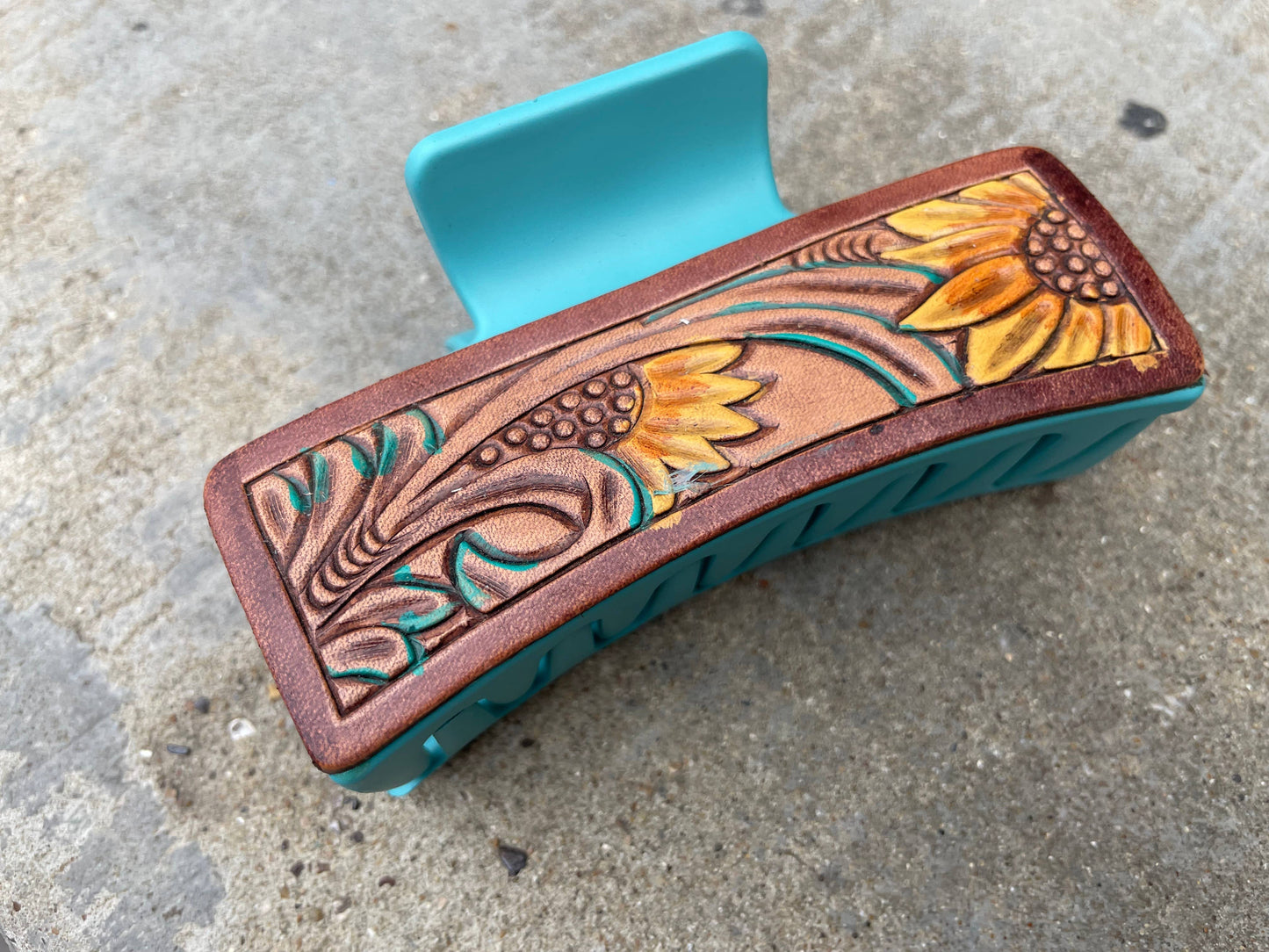 Floral Tooled leather Hair Claw Clips 4"