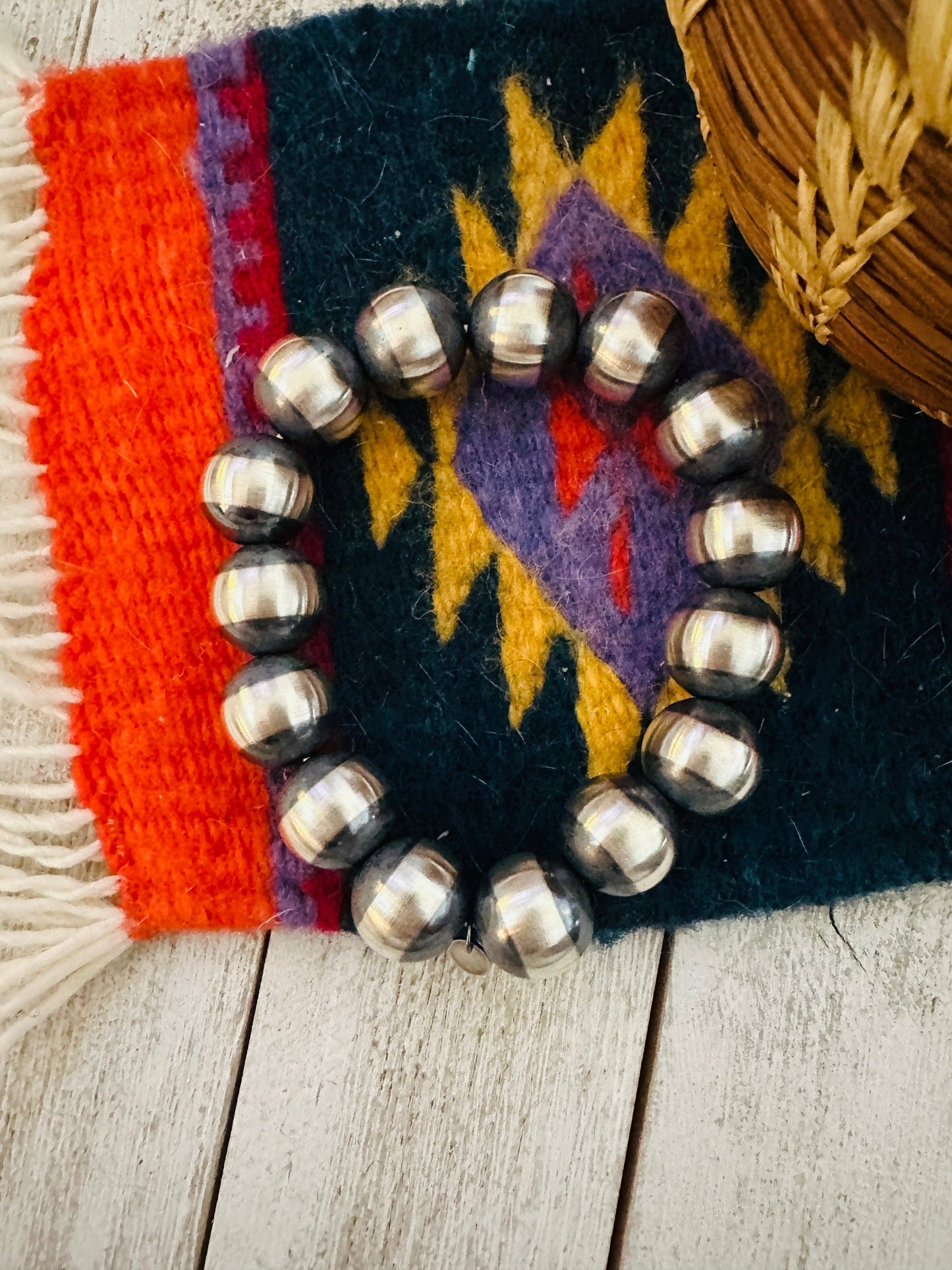 Navajo 14mm Sterling Silver Beaded Stretch Bracelet: Beaded