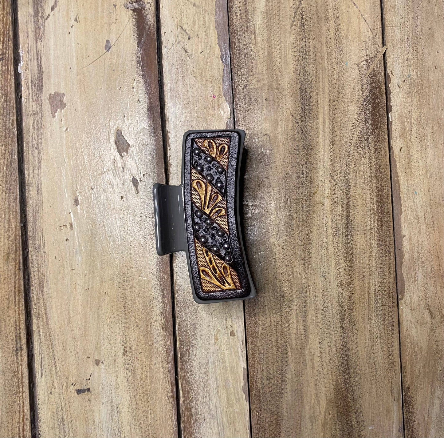 Large 4" Tooled Hair Clip: Tooled Flower Brown