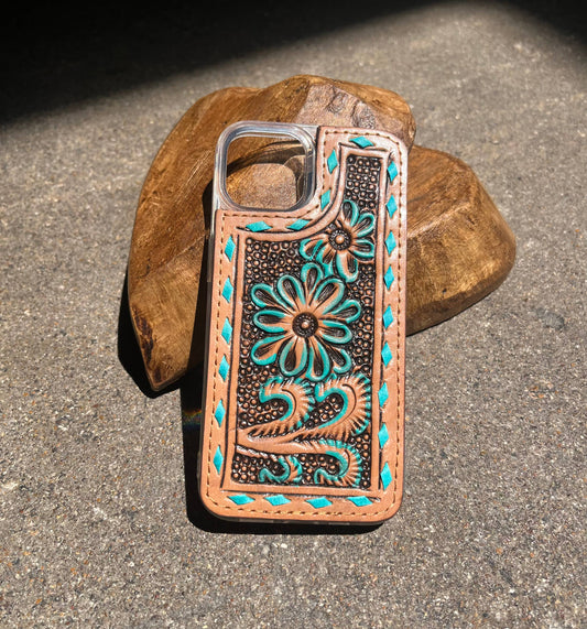 Turquoise Floral Tooled Leather Phone Case: 15 Pro Max