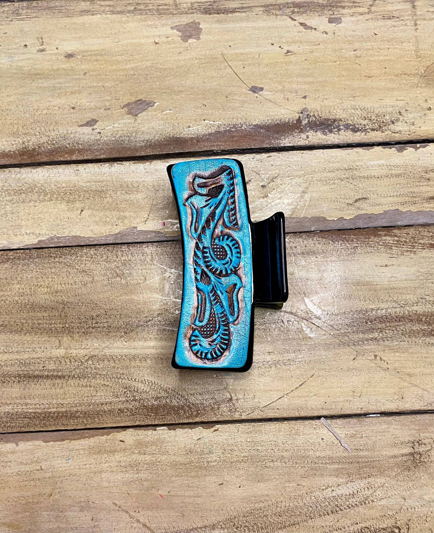 Large 4" Tooled Hair Clip: Tooled Flower Brown
