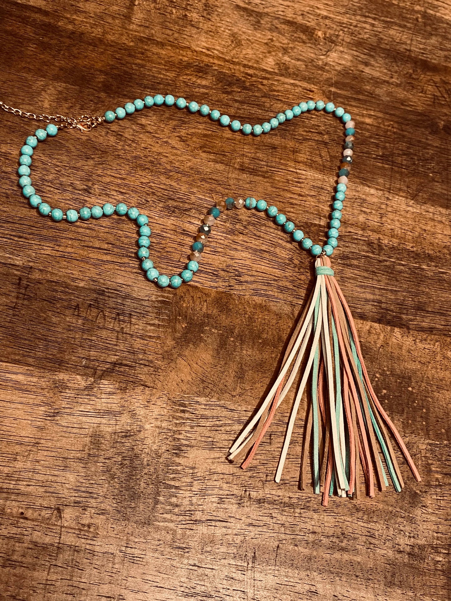 Everything is bigger in Texas-  Leather Tassel Necklace Turq