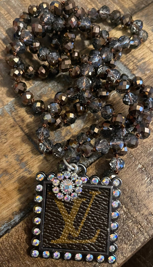 Brown bead necklace with luxury square charm